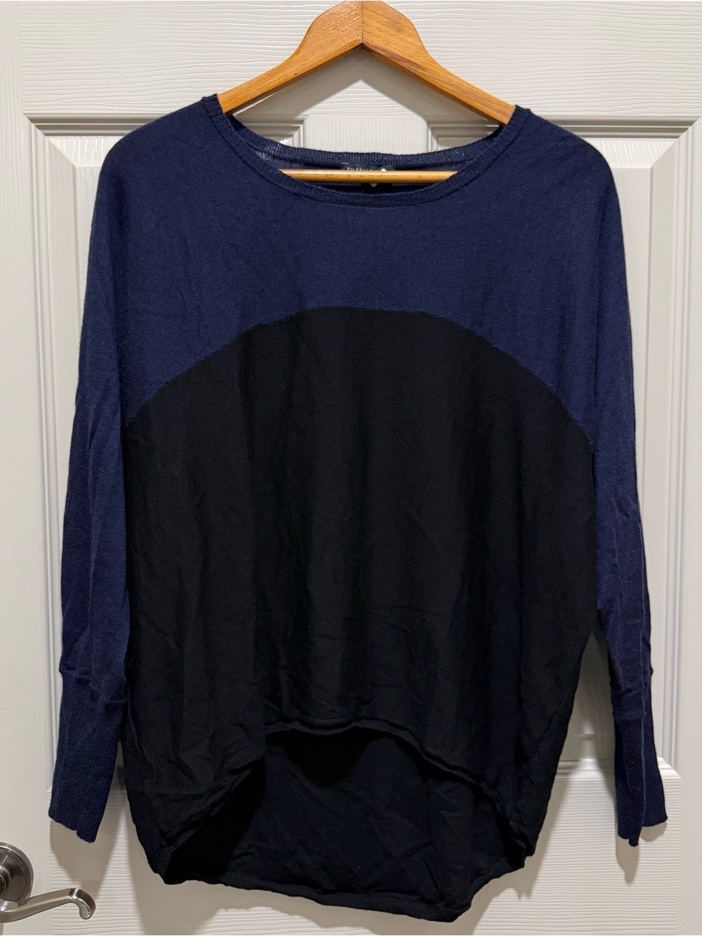Eileen Fisher Sweater Womens M Blue Black Merino Wool Colorblock Top Minimalist